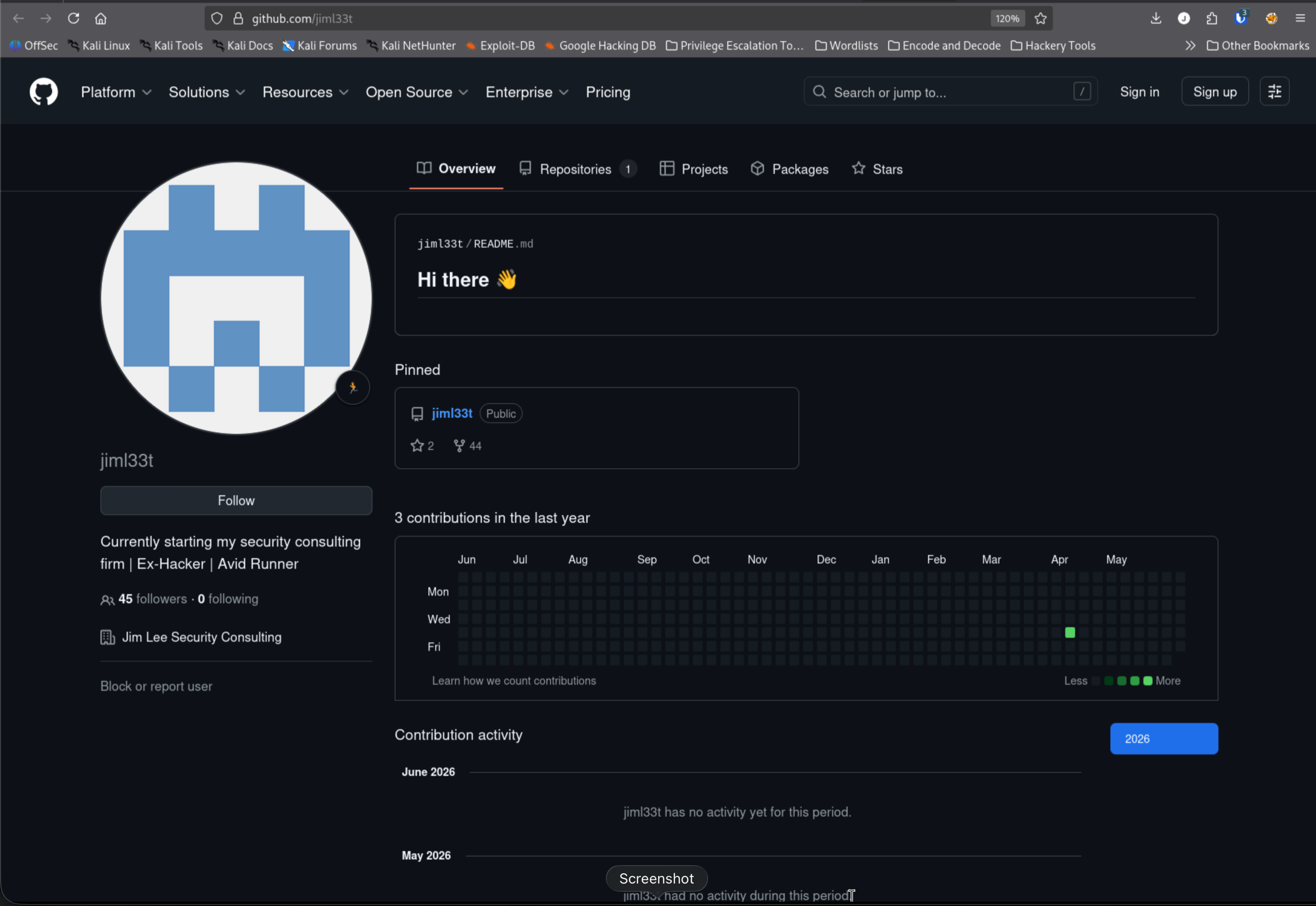 Jim Lee GitHub profile showing Jim Lee Security Consulting, one pinned repo, and April 16 activity